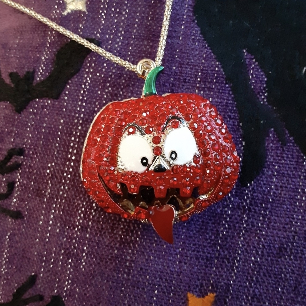 Orange Crystal Rhinestone Jack-o-Lantern Necklace Halloween New - Picture 2 of 8